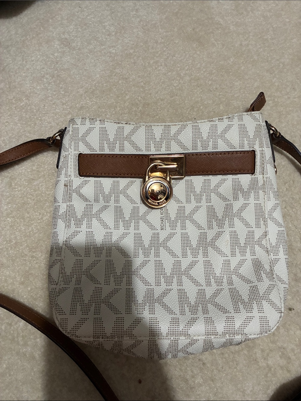 Michael Kors White & Brown Logo Crossbody with Gold-Tone Lock